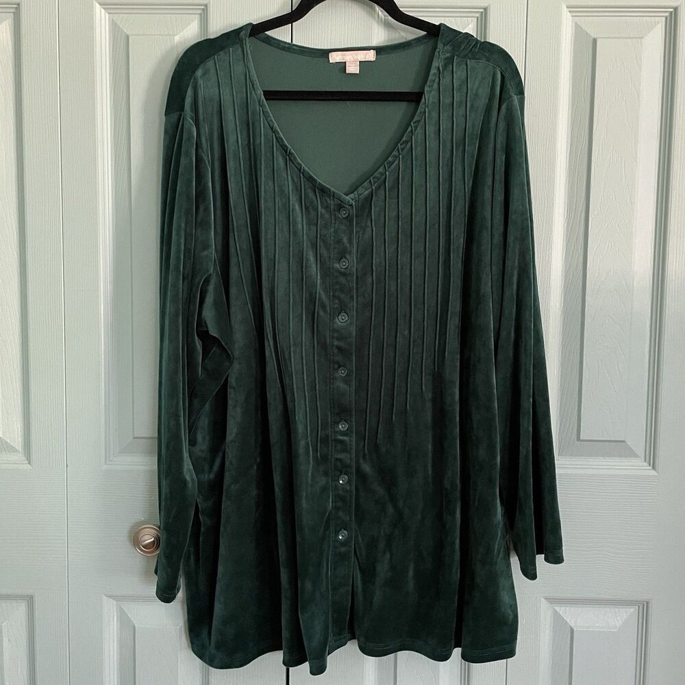 Woman Within Green Velvet Button Front Blouse 22/24 1X Holiday Whimsigoth‎